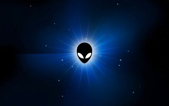 Black alien head silhouette with glowing eyes and radiating light in dark starry space universe