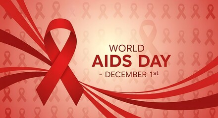World aids day banner with red ribbon and text on light red background, awareness campaign for hivaids prevention and support
