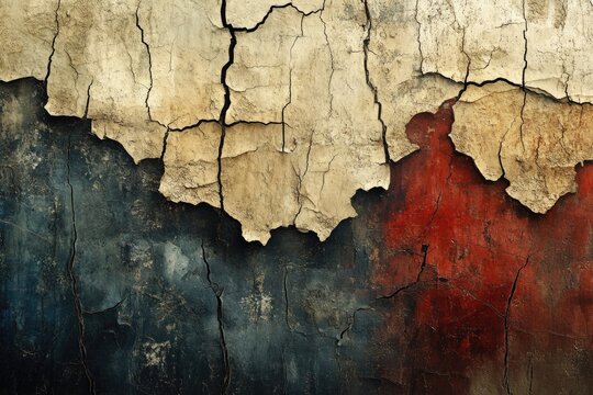 Cracked and peeling light paint reveals dark blue and reddish-brown layers on an aged, textured wall, showcasing decay and grunge.