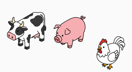 Obraz premium Cute cartoon farm animals vector illustration set cow pig chicken flat design graphic livestock agriculture barnyard simple icon