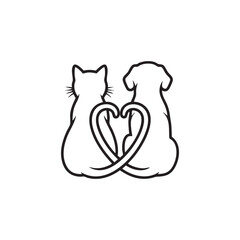 Minimal black and white vector of cat and dog sitting with intertwined tails forming a heart Valentine's Day illustration