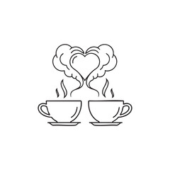 Minimal Black and White Valentine Coffee Cups with Heart Steam Vector Illustration