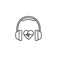 Valentine's music icon heart with headphones and heartbeat line simple black and white vector