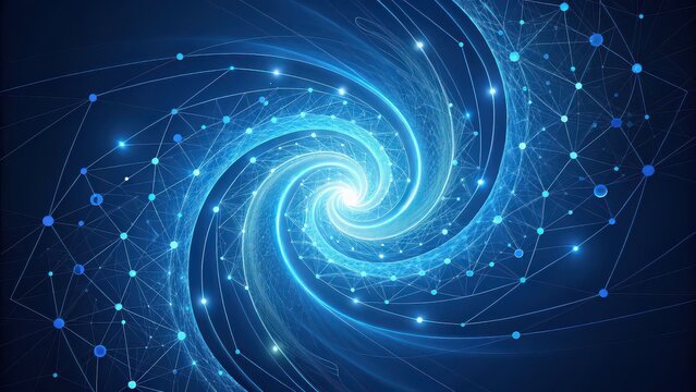 Dynamic abstract vortex of glowing digital network connections and light particles creating a futuristic, energetic, and interconnected data flow.