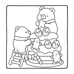 Capybara Christmas Fun Coloring Pages, Whimsical Gingerbread House Coloring Pages for Kids & Adults, Christmas Coloring Pages, bold & easy cozy winter coloring book pages, victor art. line art.