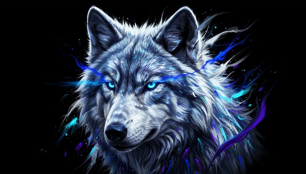 Hyperrealistic Blue Eyed Wolf Portrait on Black Background