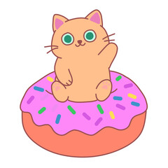 Cute Orange Cat Character Sitting on a Pink Donut Cartoon