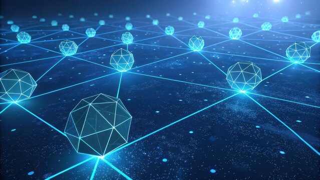 Vibrant digital network of glowing geometric nodes connected by bright blue lines symbolizes global data flow and futuristic technology