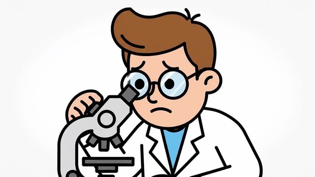 Animated scientist examining sample under microscope, showing a change in facial expression based