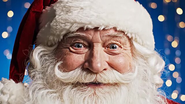Closeup portrait of santa claus with a surprised expression against a festive blue bokeh background spreading christmas cheer and holiday magic for seasonal greetings