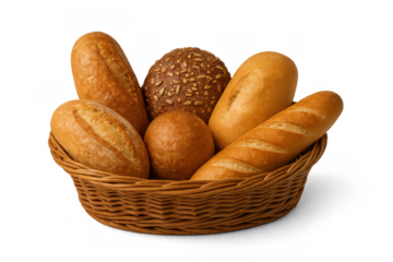 Freshly baked bread and various rolls filling a wicker basket, ready for serving or a bakery display on transparent background