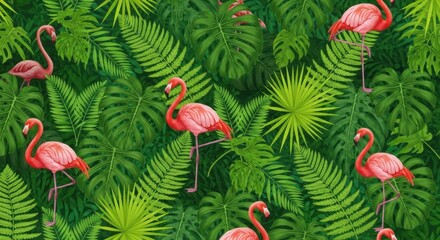 Tropical flamingo paradise immersed in lush foliage, creating a vibrant nature scene