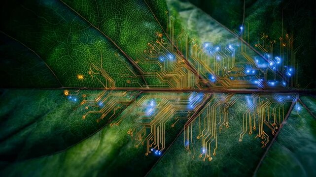 Macro leaf veins blended with glowing microchip circuitry, striking metaphor for green technology, biotech, sustainability and nature‑powered innovationideal for clean energy narratives and 