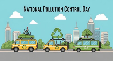 Celebrate national pollution control day with ecofriendly vehicles and a cityscape promoting environmental awareness and sustainable transportation solutions