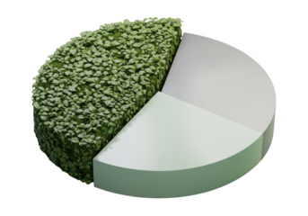 Pie chart with grass and white segments for data visualization concept on transparent background