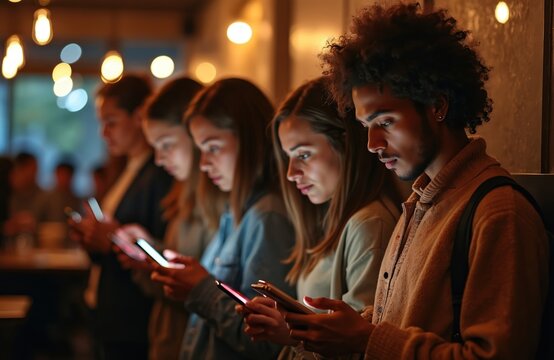 Group of diverse people focused on mobile phones indoors. Friends look at devices at night. Tech addiction and social media usage concept. Individuals use smartphones in dim environment.