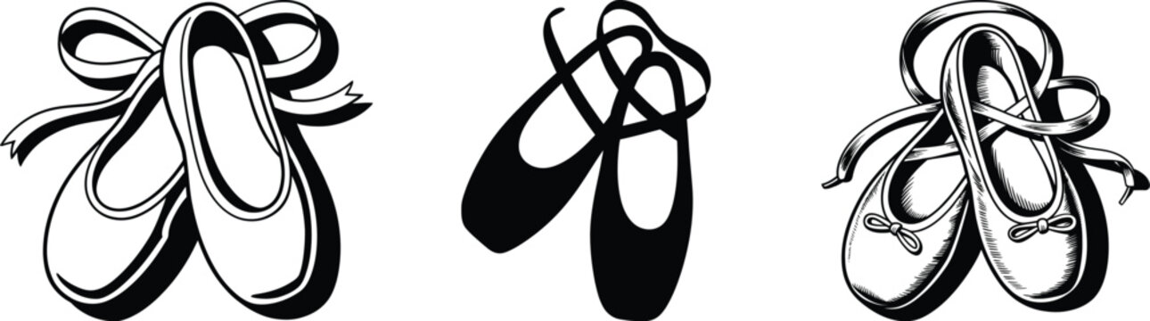 Three illustrations of ballet shoes in different styles