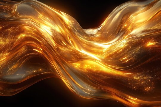 Dynamic golden fluid flows with luminous reflections and glittering dust, forming elegant abstract waves against a deep dark background.
