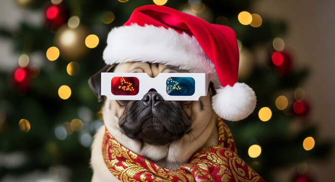 Close-up of pug with Santa hat and glasses near blurred tree. Holiday concept, festive, representing Christmas spirit and playful celebration