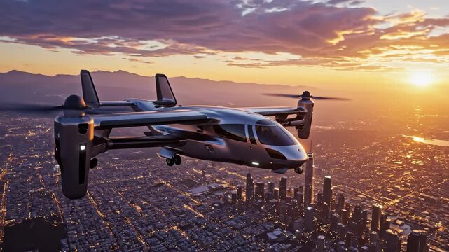 Futuristic flying car soaring above a sprawling cityscape at sunset offering a glimpse into the future of urban transportation and innovative personal air travel solutions