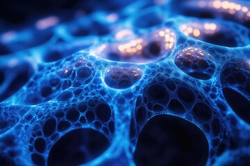 Abstract blue glowing network of interconnected cells or neural pathways, featuring intricate organic structures with internal golden luminescence.