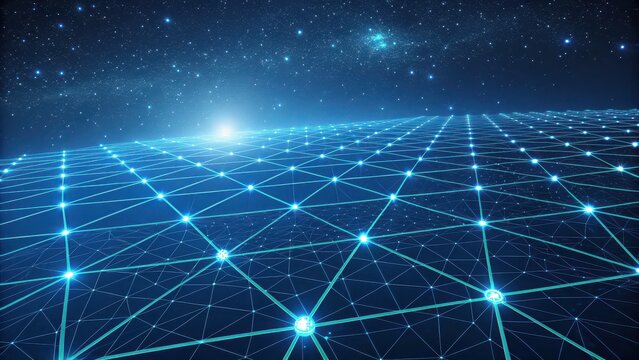 Stunning digital network grid connecting glowing nodes under a starry nebula, representing global connectivity and future technology.