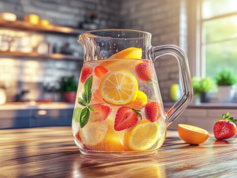 Refreshing fruit infused water in glass pitcher