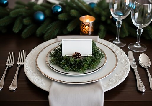 Elegant Christmas table setting with place card, festive decor, and fine dining