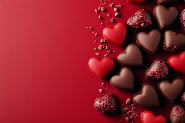 heart shaped chocolate candies on a red background with copy space. Valentine's Day and love concept