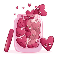 A glass jar with cute hearts on a white background. Smiling characters. The concept of love, Valentine's day. Isolated cartoon vector illustration for the design of postcard, textiles, sticker