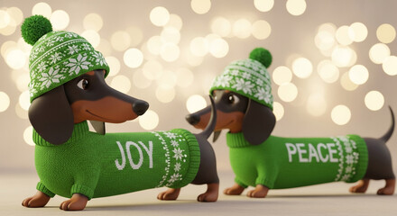 Two cartoon dachshunds wearing green sweater and hat with snowflake, joy and peace, celebrating holiday season, representing christmas greetings and friendship