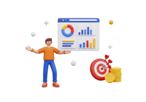 Cartoon man presenting business data analytics and financial target on transparent background - Powered by Adobe