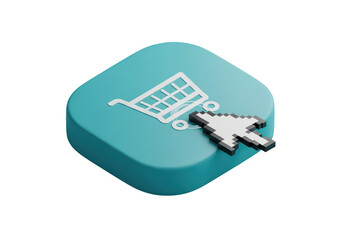 Online shopping cart with cursor click icon for ecommerce and retail on transparent background