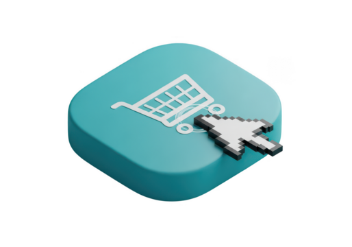 Online shopping cart with cursor click icon for ecommerce and retail on transparent background