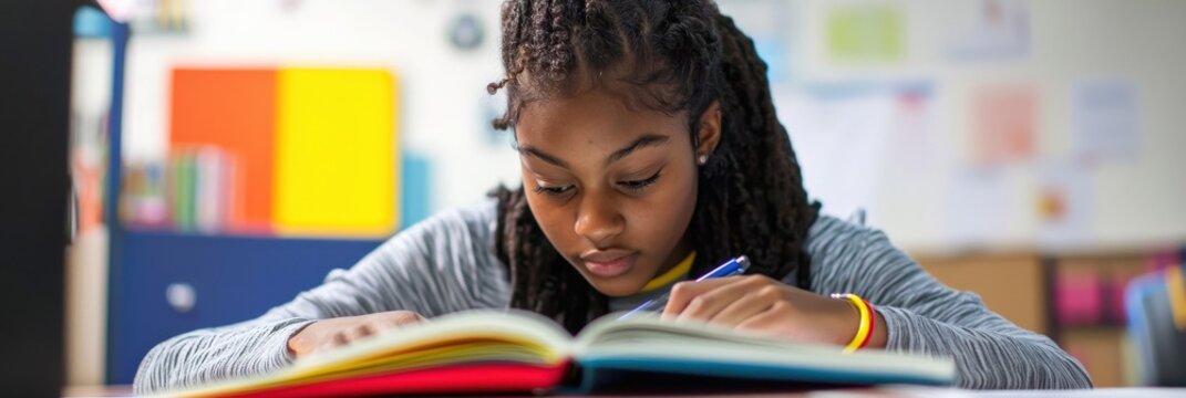A student working through algebra problems in a colorful notebook
