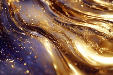 Abstract blend of flowing molten gold and dark blue hues, richly textured with shimmering glitter and captivating light reflections.
