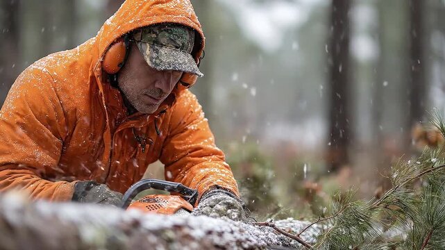 Man in orange jacket using chainsaw in snowy forest