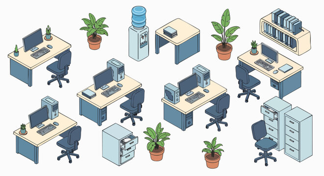 Collection of isometric office furniture and workspace elements vector illustration flat design modern office assets computers desks chairs plants file cabinets