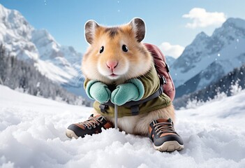 A cute little hamster dressed for hiking on snow with gloves and shoes, mountain background