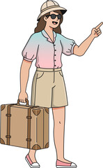 woman traveler carry suitcase pointing forward to traveling character vector isolated illustration