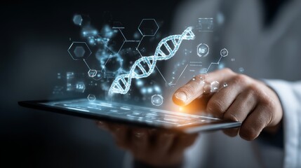 Doctor with tablet showing DNA helix and network icons, AI healthcare sector