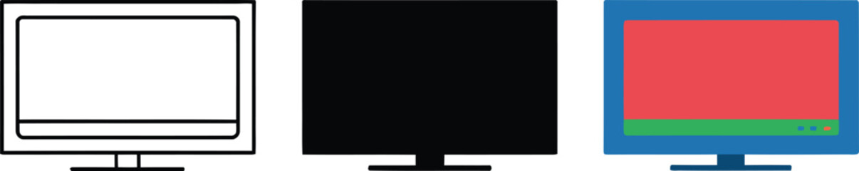Obraz premium Three Monitor Icons Outline Solid Color and Filled , monitor, screen, display, computer, television, icon,
