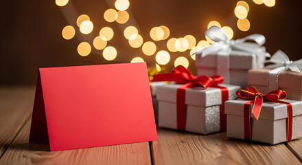 Stunning holiday gifts with a blank red card await your personal message, bathed in warm bokeh lights for festive celebrations.