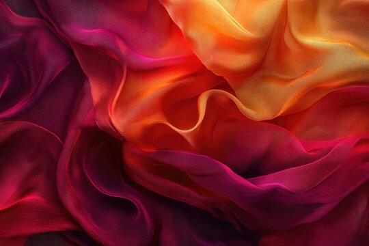 Vibrant, flowing sheer fabric in warm gradients of red, orange, and yellow, creating soft waves and an elegant, abstract textile background. - Powered by Adobe