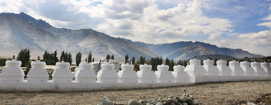 Beautiful view of Buddhist stupas, mountains and landscapes of Ladakh, India.