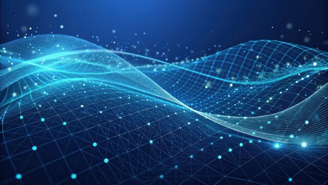 Dynamic digital network abstract with glowing nodes and flowing data streams, representing connectivity and futuristic technology in a vibrant blue spectrum.