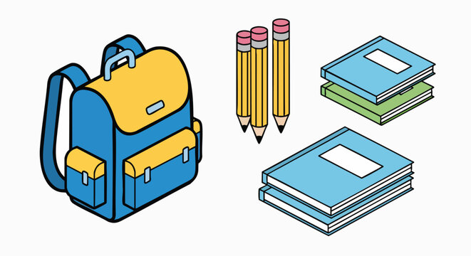 Isometric school supplies vector illustration flat design backpack pencils books education learning study stationery