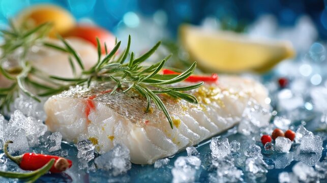 Fresh fillet of white fish rests upon crushed ice adorned with aromatic herbs and spices
