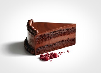 Decadent chocolate cake slice with fresh raspberries on a white background