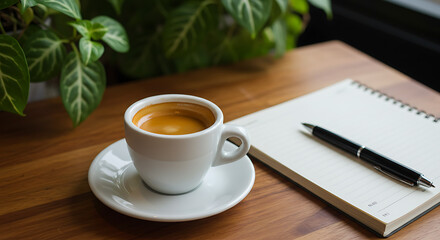 A steaming cup of rich espresso, a classic notebook, and a sleek pen arranged neatly on a polished wooden surface, evoking a sense of calm productivity and mindful thought